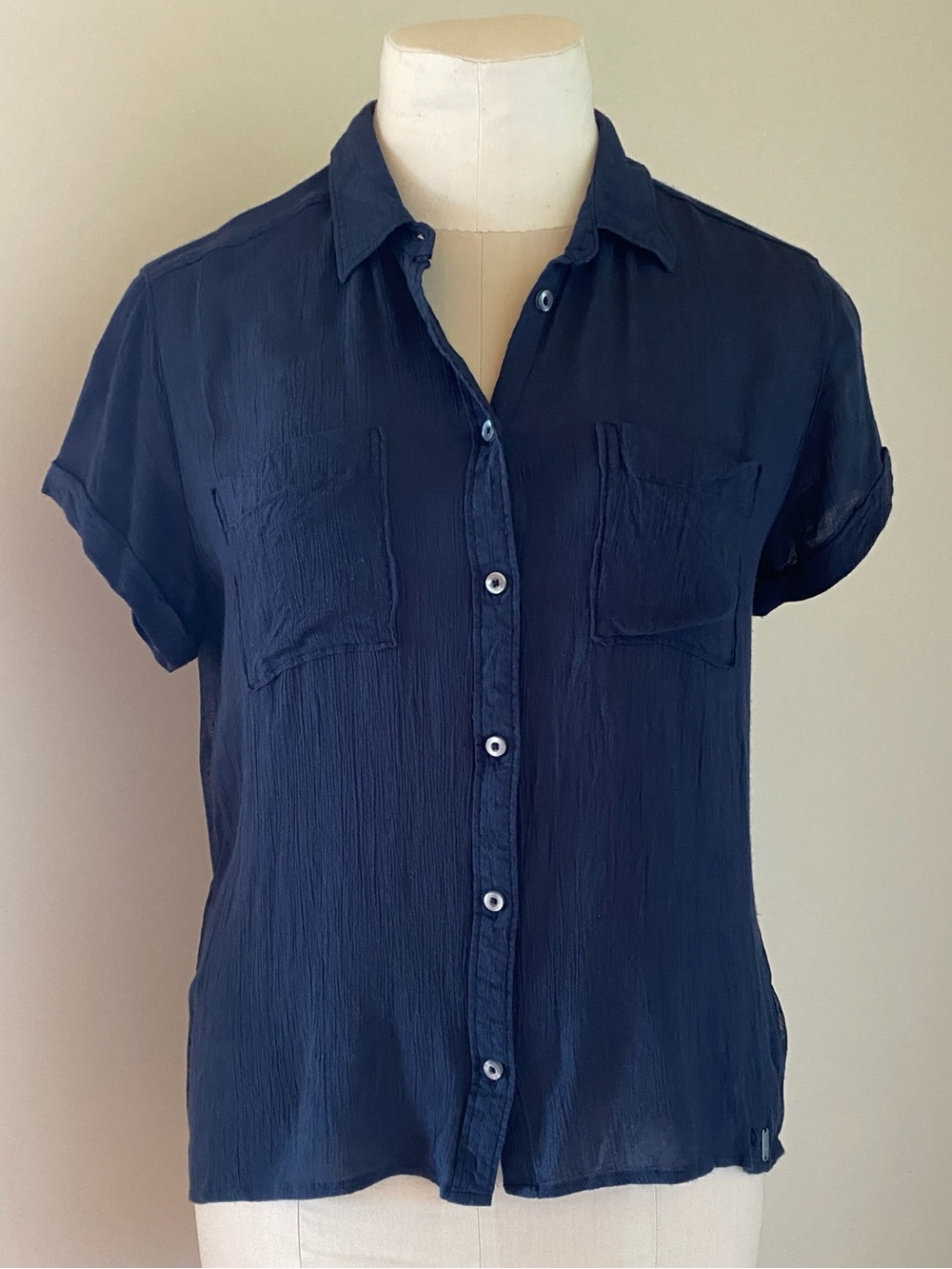 Navy Crinkle Hollister Blouse with Sheer Back